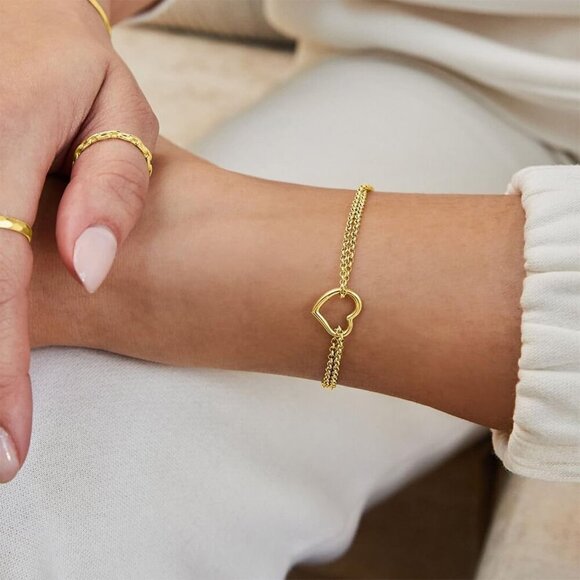 Trendy 14K Gold Plated Love Heart Link Chain Ring Bracelet Hand Chain for Women - Picture 4 of 7